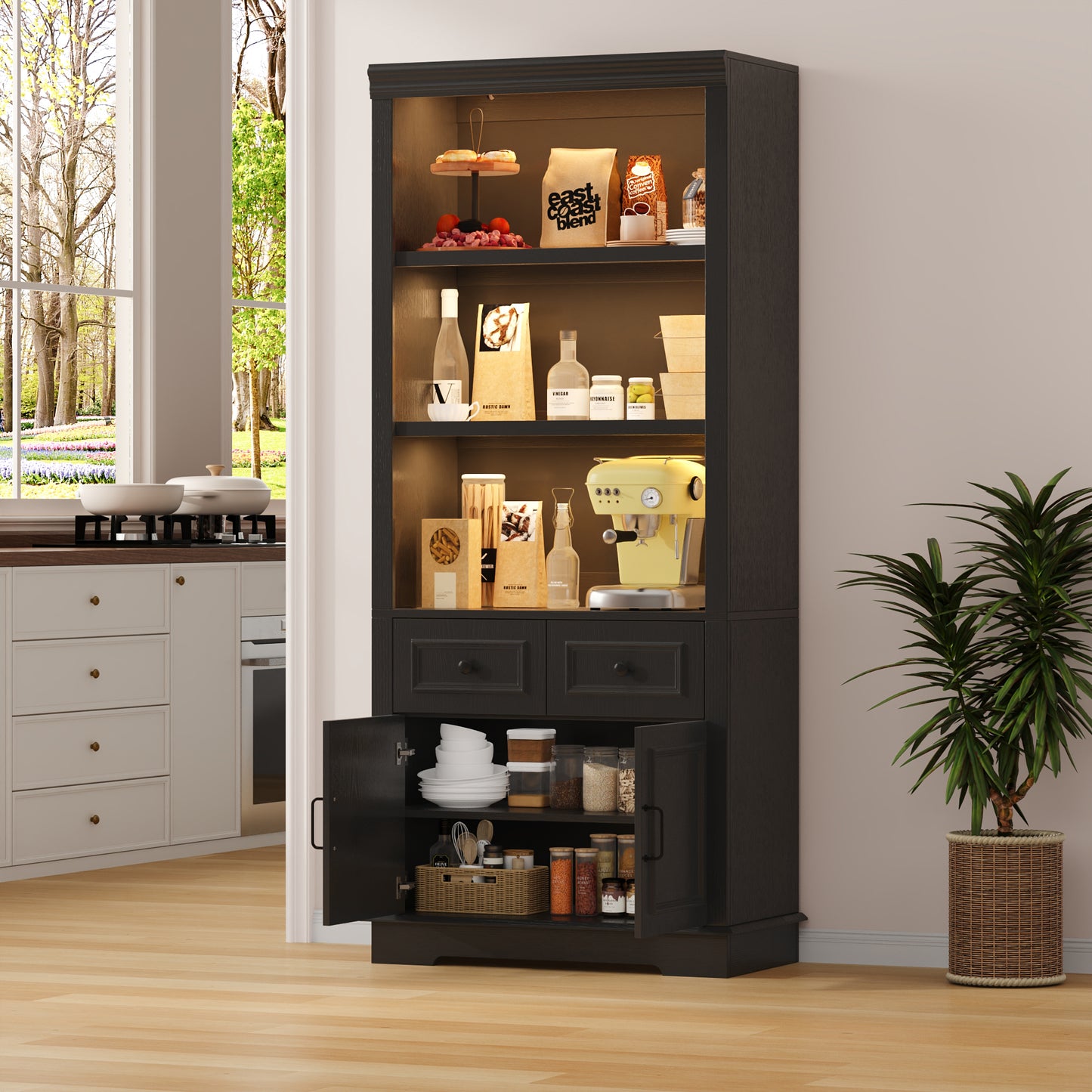 Negylim 71” Tall Lighted Coffee Bar Cabinet, Farmhouse Pantry Storage Hutch with Built-in LED Strip Lights, 3 Open Display Shelves, 2 Pull-Out Drawers & Closed Storage Cupboard, Black