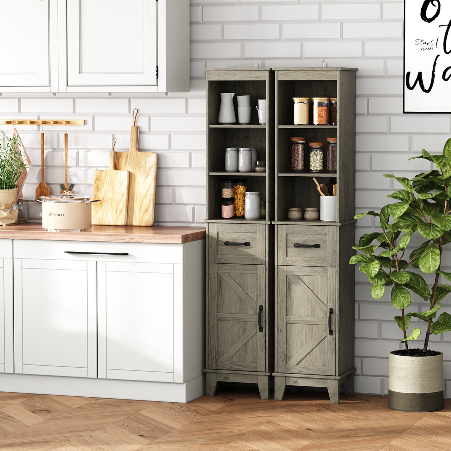 63” Tall Bathroom Storage Cabinet, Freestanding Linen Cabinet, Narrow Bathroom Storage with Barn Door and Drawer, Gray