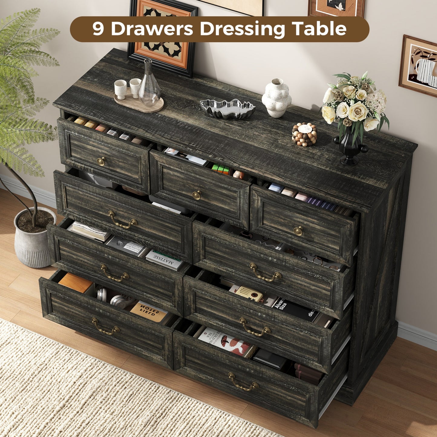 NEGYLIM 9 Drawers Dresser for Bedroom Dressers & Chest of Drawers with Vintage Handles,Long Wooden Dresser for Living Room,Hallway,Study(Dark Rustic Oak)