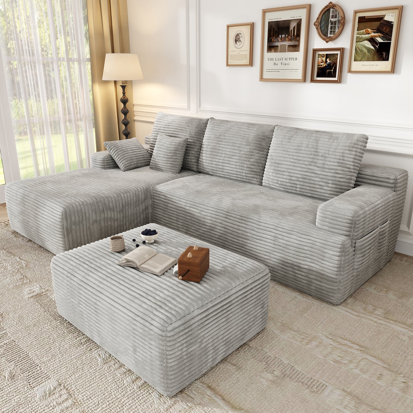 Oversized Sofa Ottoman Footrest, Matching Cushion for L-Shaped Sofa to Create U-Shaped Sectional , Large Seat Stool, High Resilience Foam & Corduroy Fabric, for Living Room Bedroom, (Oyster White)
