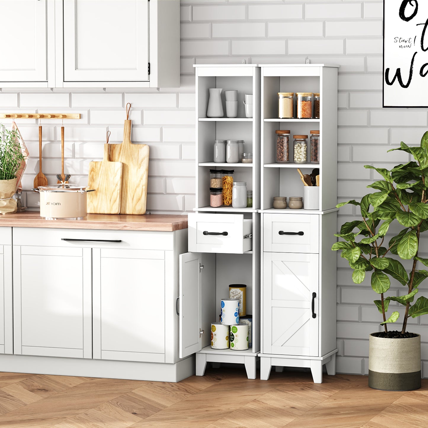 63” Tall Bathroom Storage Cabinet, Freestanding Linen Cabinet, Narrow Bathroom Storage with Barn Door and Drawer, White