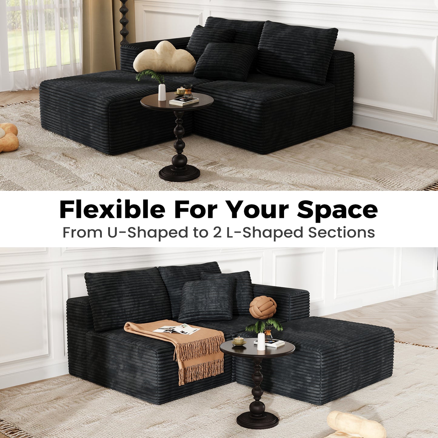 137 inch U-Shaped Sectional Sofa, Cloud-Like Big Modular Couch with Chaise, No Assembly Required, High Density Foam Never Sags, Soft Corduroy Fabric Sofa for Large Space, (Black)