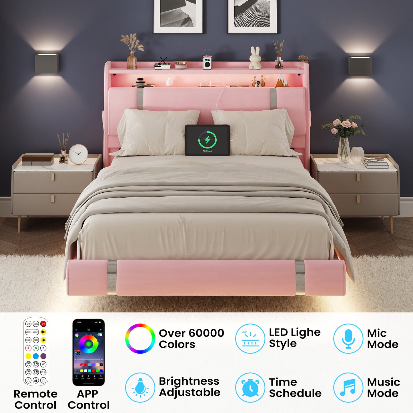 NEGYLIM Floating Bed Frame Twin Size with LED Lights, Easy to Assemble, Metal Platform Bed with Storage Headboard, No Box Spring Needed, Pink