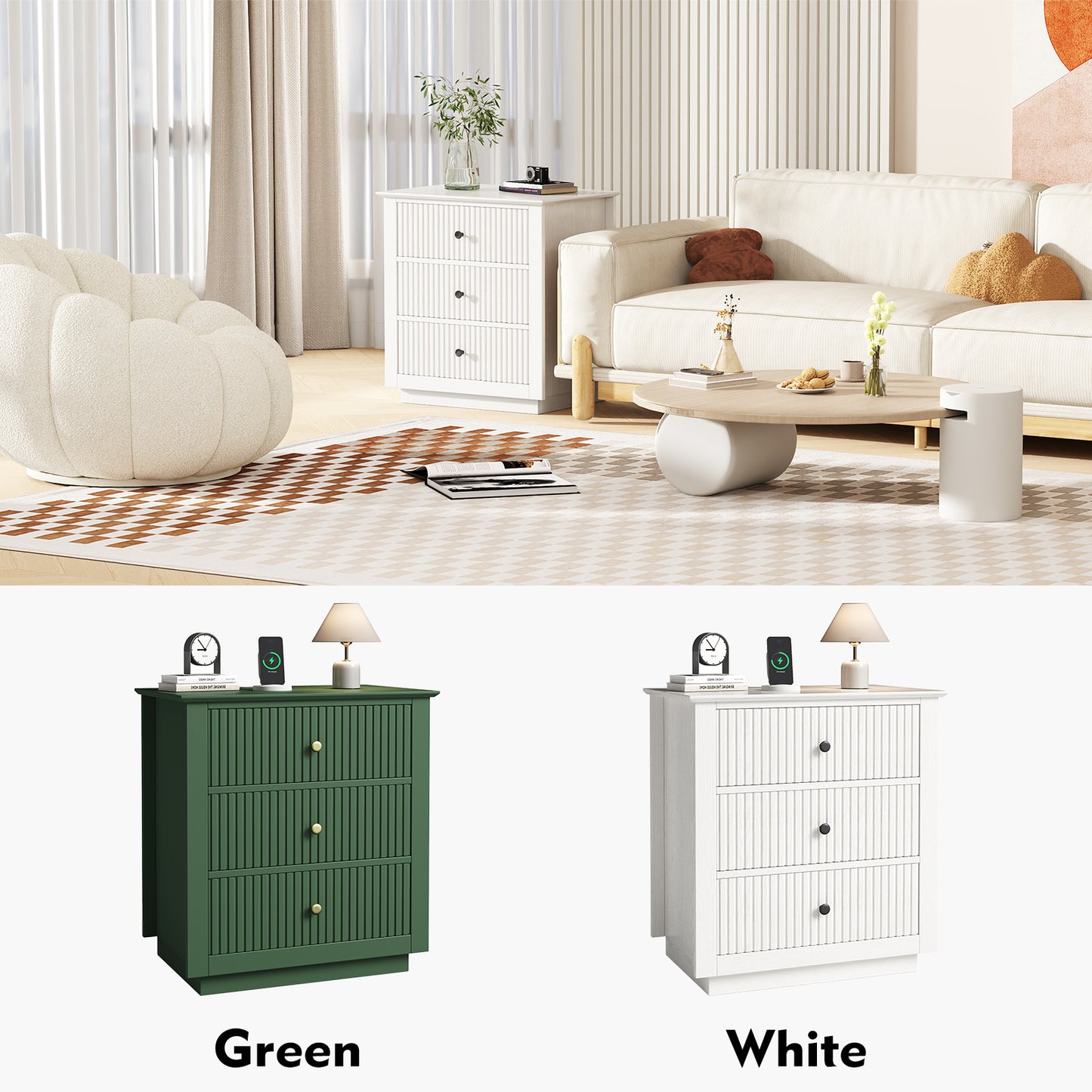 Modern Nightstand with Charging Station & 3 Drawers, 24 Inch Wide Bedside Table Set of 2 for Bedroom and Living Room, Large Storage End Table with Fluted Design, Green