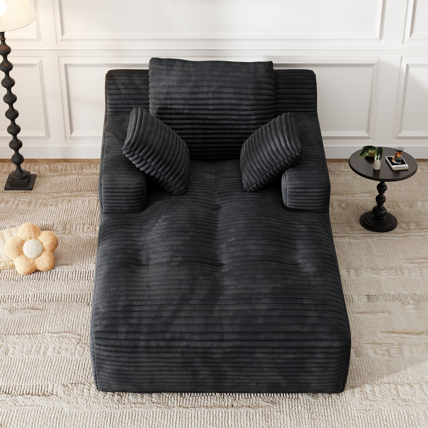 67'' Oversized Chaise Lounge Chair, Cloud Plush Corduroy Sofa Bed for Living Room, Modern Deep Seat Sleeper Couch with Back Cushion, No Assembly Required, (Deep Black)