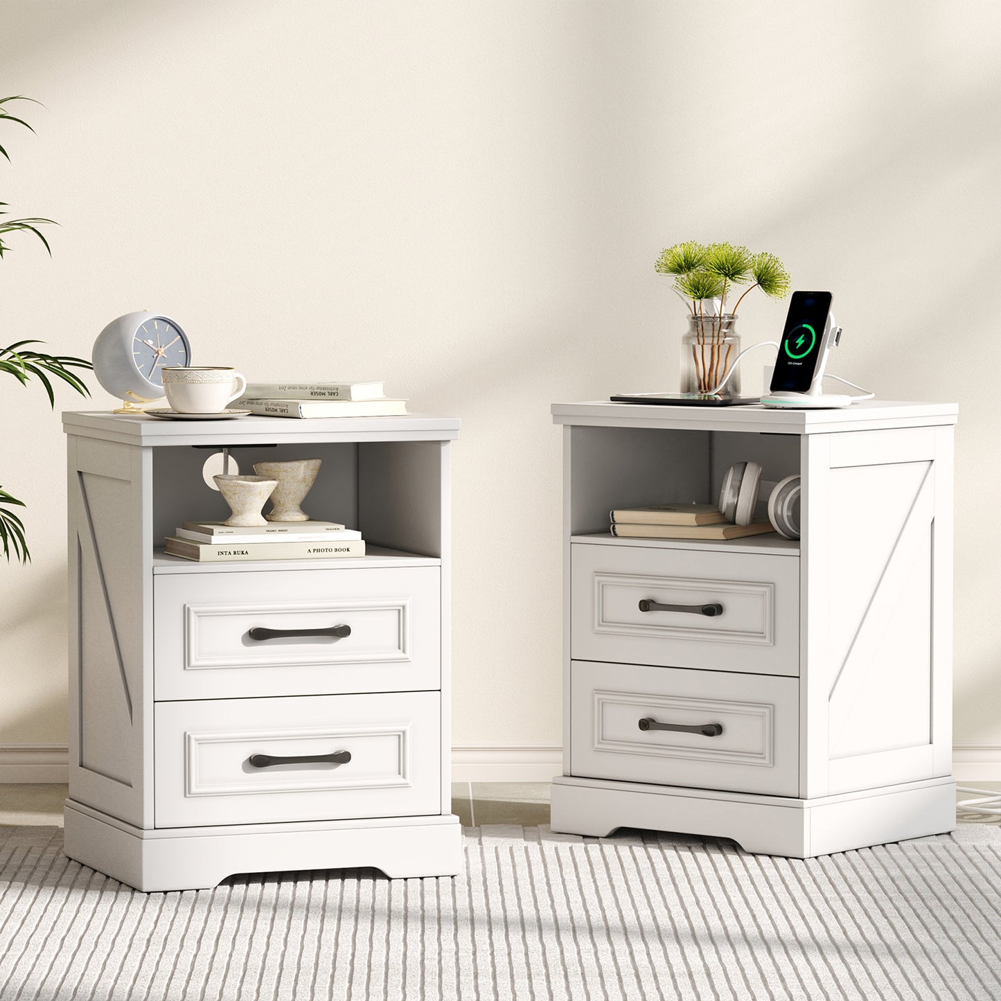 NEGYLIM Nightstand with Drawers for Bedroom, Farmhouse End Table with Charging Station, 2 Drawers Storage for Bedroom, White