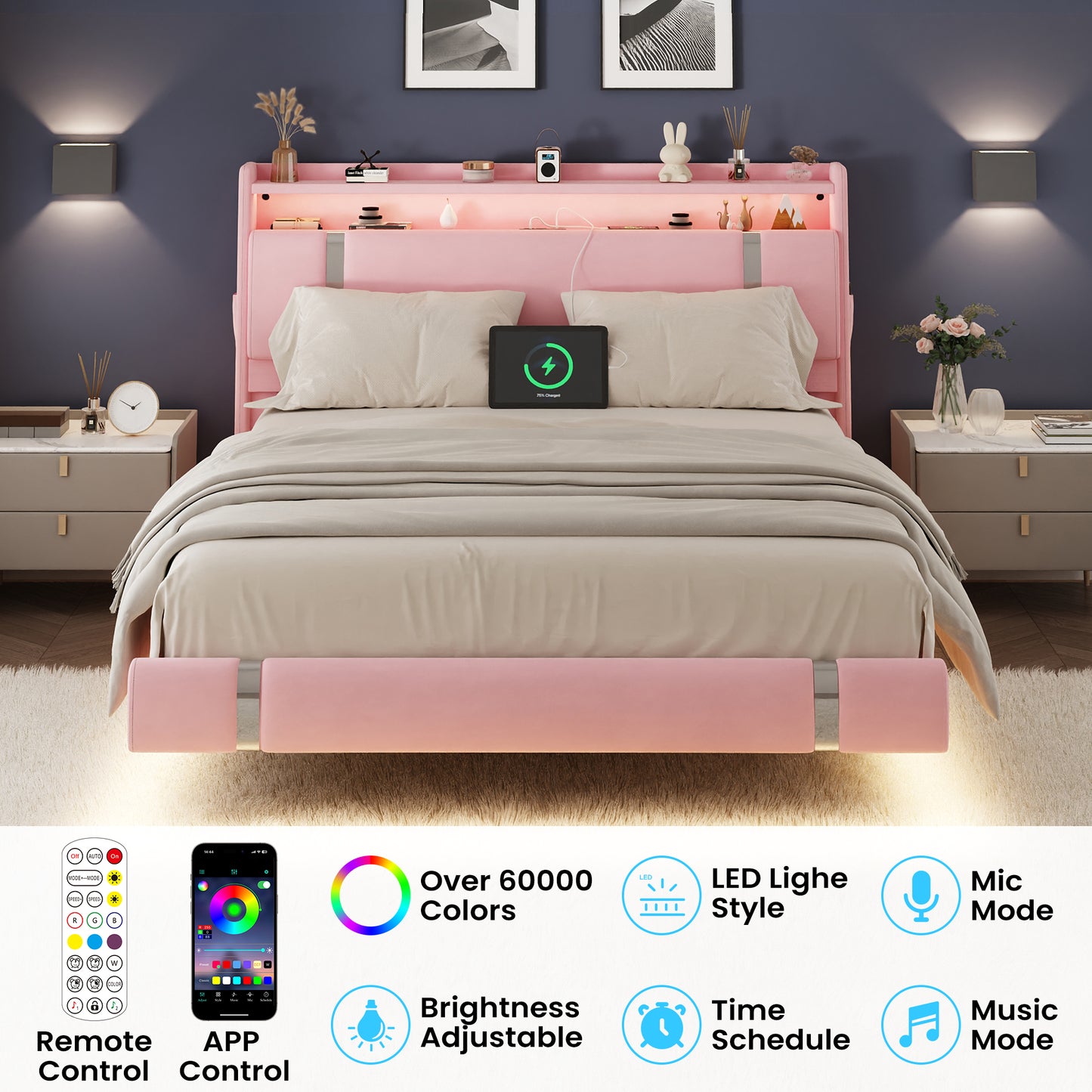 NEGYLIM Floating Bed Frame Queen Size with LED Lights, Easy to Assemble, Metal Platform Bed with Storage Headboard, No Box Spring Needed, Pink