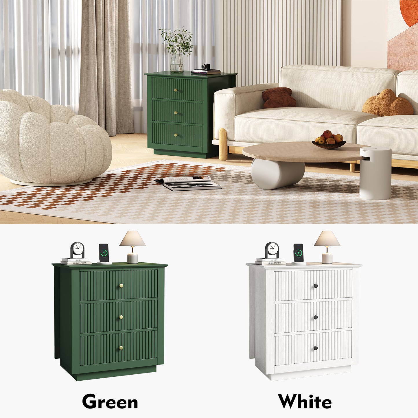 Modern Nightstand with Charging Station & 3 Drawers, 24 Inch Wide Bedside Table Set of 2 for Bedroom and Living Room, Large Storage End Table with Fluted Design, Green