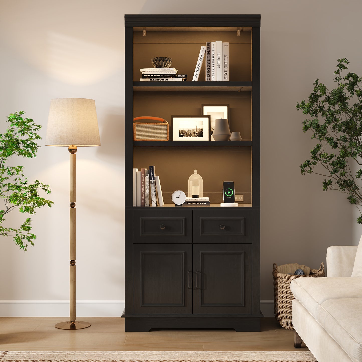 Negylim 71” Tall Lighted Coffee Bar Cabinet, Farmhouse Pantry Storage Hutch with Built-in LED Strip Lights, 3 Open Display Shelves, 2 Pull-Out Drawers & Closed Storage Cupboard, Black
