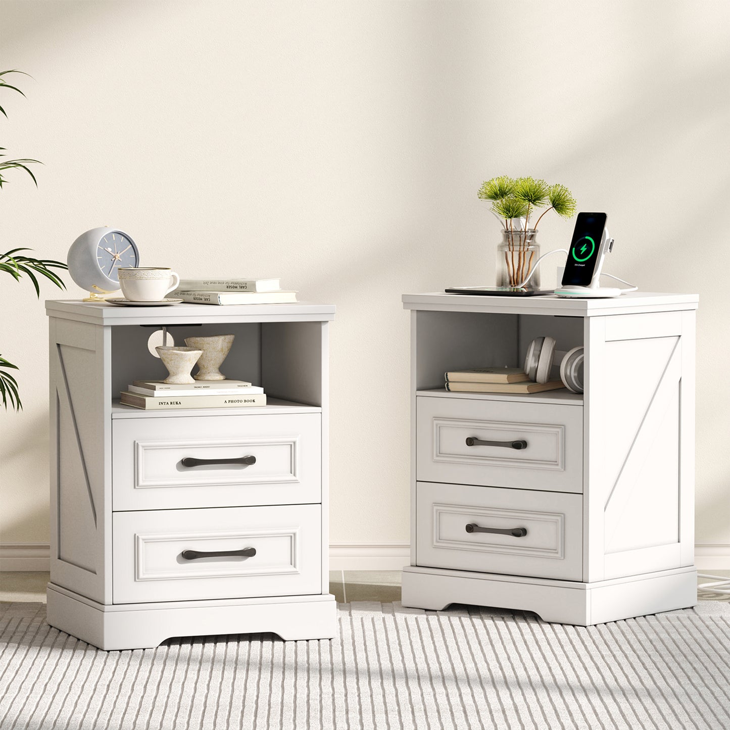 NEGYLIM Nightstand, Farmhouse End Table with Charging Station, 2 Drawers Storage for Bedroom