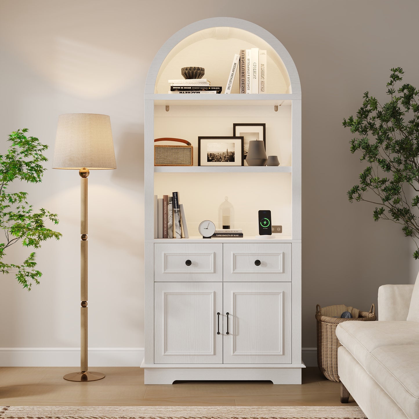 Negylim White Arched Display Coffee Station Cabinet with LED Lights, Freestanding Wooden Storage Unit with Open Shelving, Drawers & Enclosed Cabinet for Kitchen & Living Room Beverage Organizer