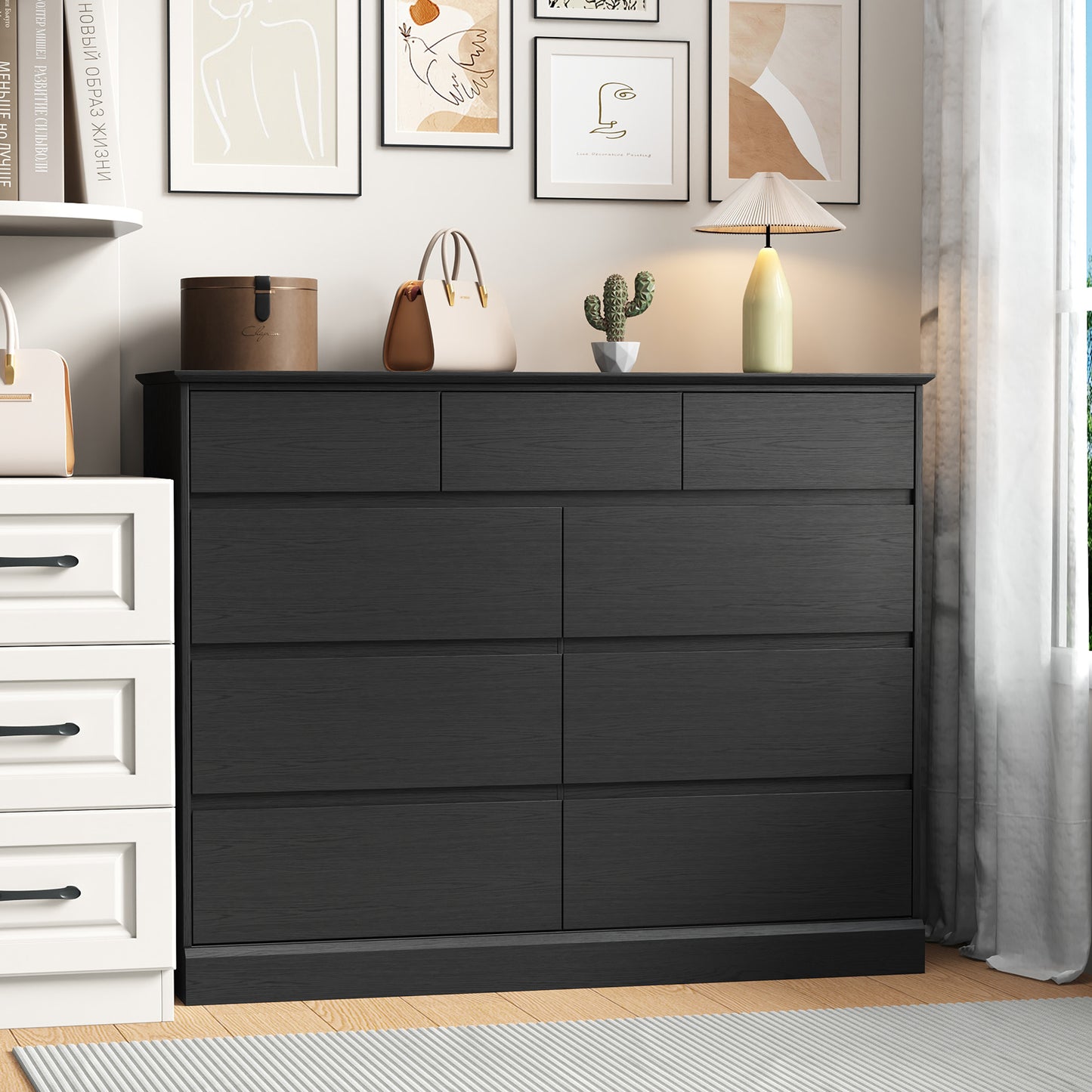 NEGYLIM 9 Drawer Dresser for Bedroom, White Dresser Chest of Drawers, Modern Wood Dressers with Deep Drawers for Living Room,Black