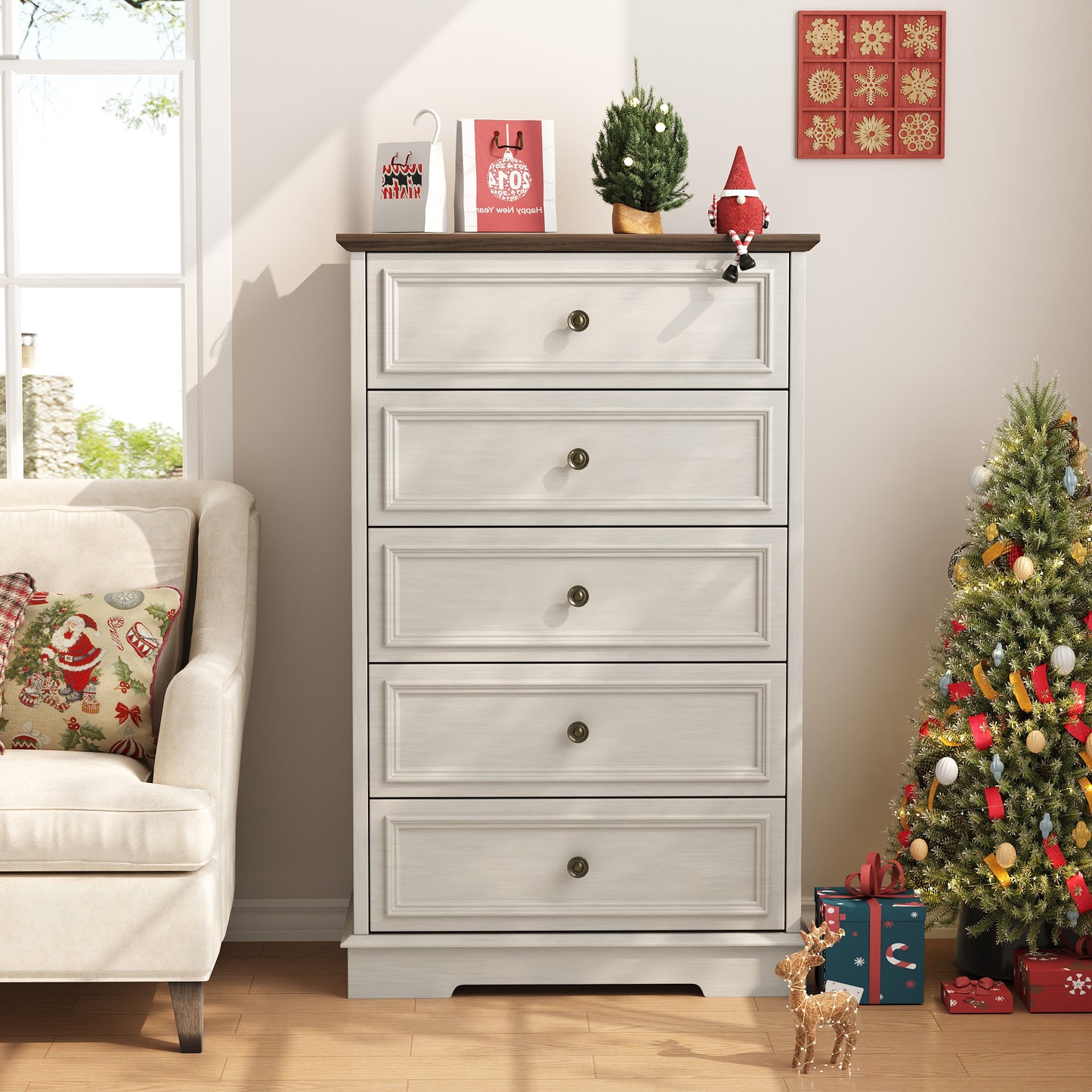 5 Drawer Dresser, Wood Chest of Drawers for Bedroom, Retro Storage Cabinet Dresser Organizer Unit with Antique Bronze Round Handles for Living Room, Closet, Hallway, Entryway