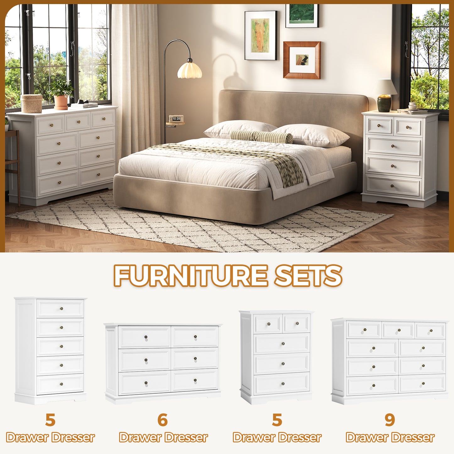 5 Drawer Dresser for Bedroom, Retro Style Chest of Drawers, 26.7"×15.7"×35.8" Wood Storage Dresser with Deep Drawers for Living Room, Hallway, Entryway, White