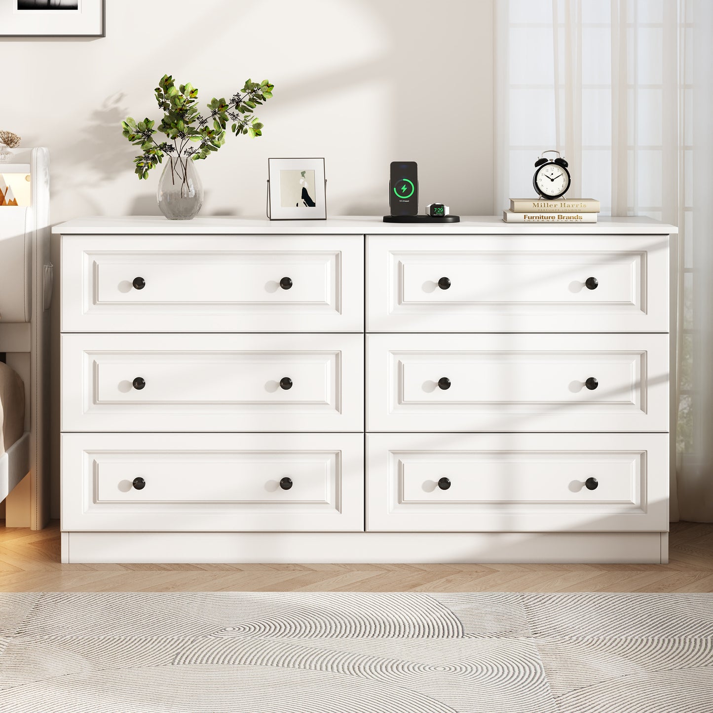NEGYLIM 6-Drawer White Dresser, 47-inch Wide Chest for Bedroom Storage, Farmhouse Style with Anti-Tip Safety