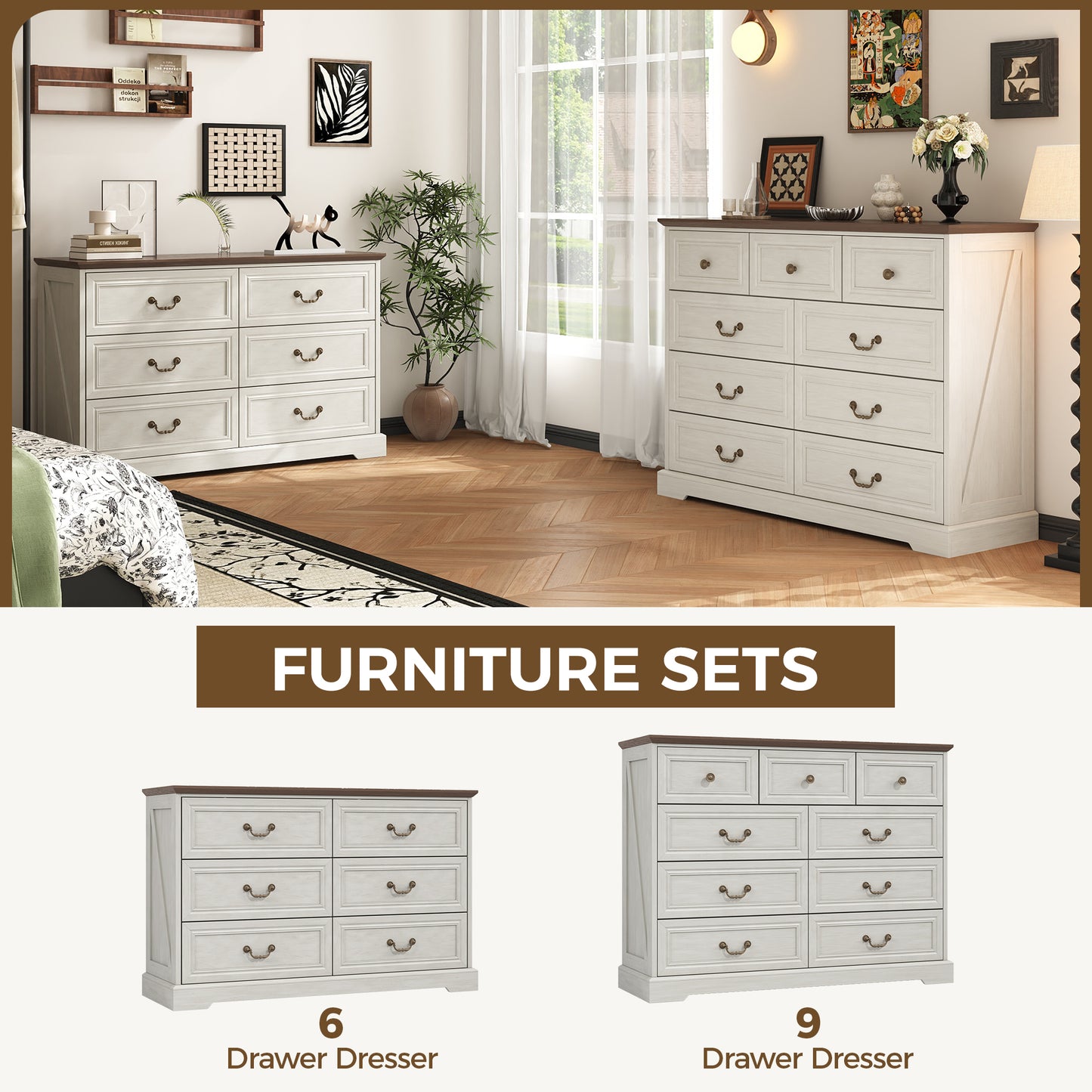 NEGYLIM 9 Drawers Dresser for Bedroom Dressers & Chest of Drawers with Vintage Handles,Long White Dresser for Living Room,Hallway,Study(Rustic White)
