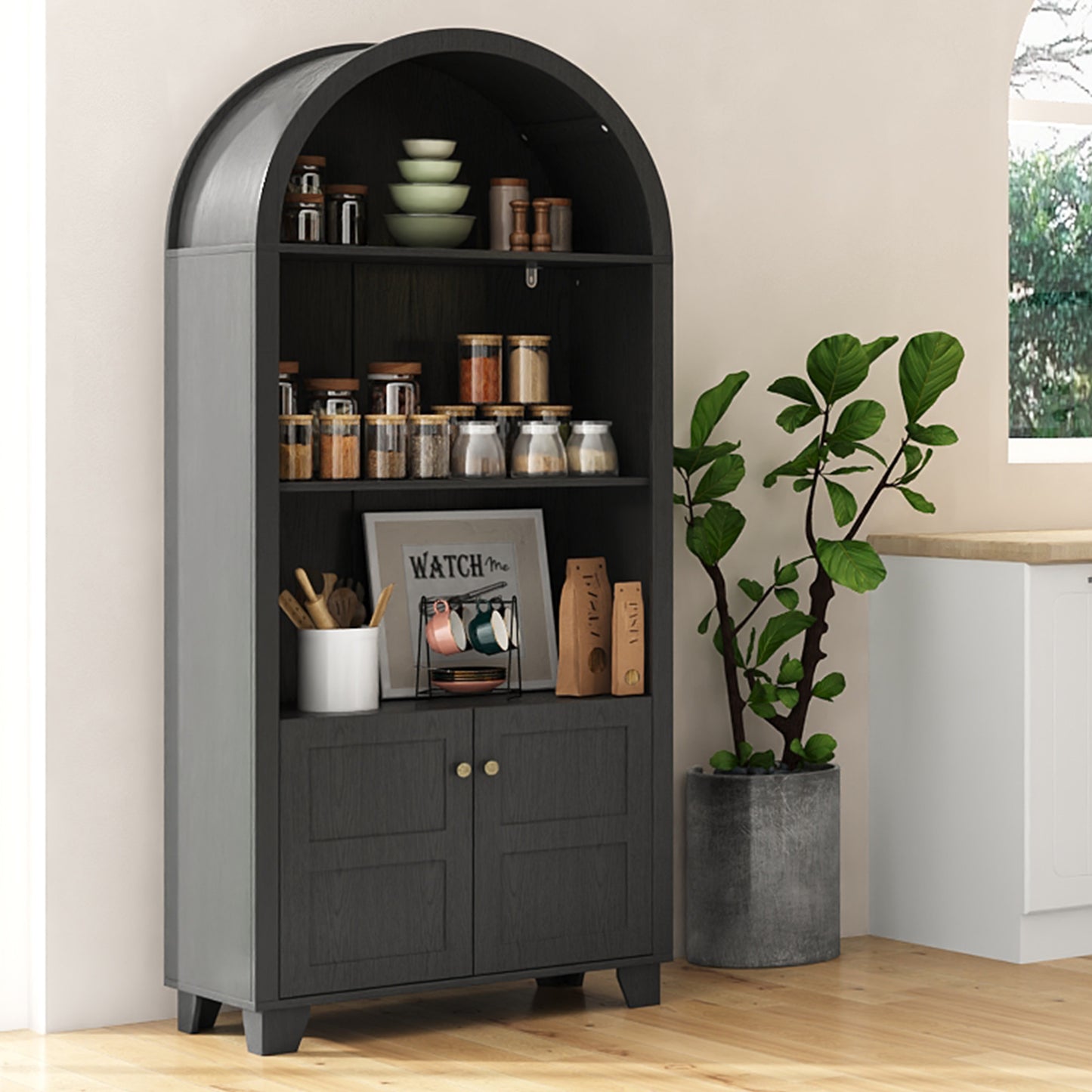 70'' Tall Arched Cabinet, Arched Kitchen Pantry Cabinet with 2 Doors and 5shelves, Open Storage Cabinets Display Bookcase, Versatile Cupboard for Living Room(Black)
