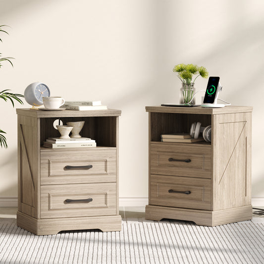 NEGYLIM 2-Piece Nightstand, Farmhouse End Table with Charging Station, 2 Drawers Storage for Bedroom