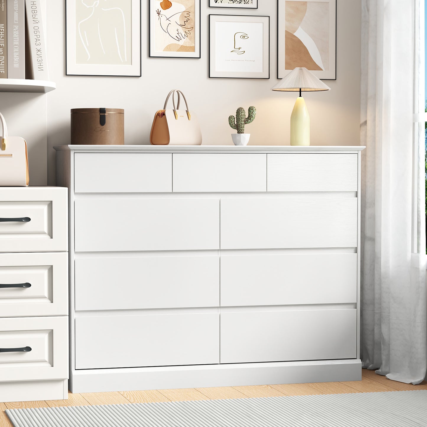 9 Drawers Dresser for Bedroom, Wood Chest of Drawers, Wide Closet Storage Dressers Organizer for Hallway, TV Stand for Living Room, White