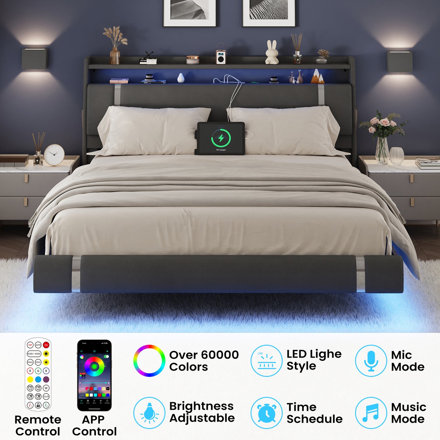 NEGYLIM Floating Bed Frame King Size with LED Lights, Easy to Assemble, Metal Platform Bed with Storage Headboard, No Box Spring Needed, White