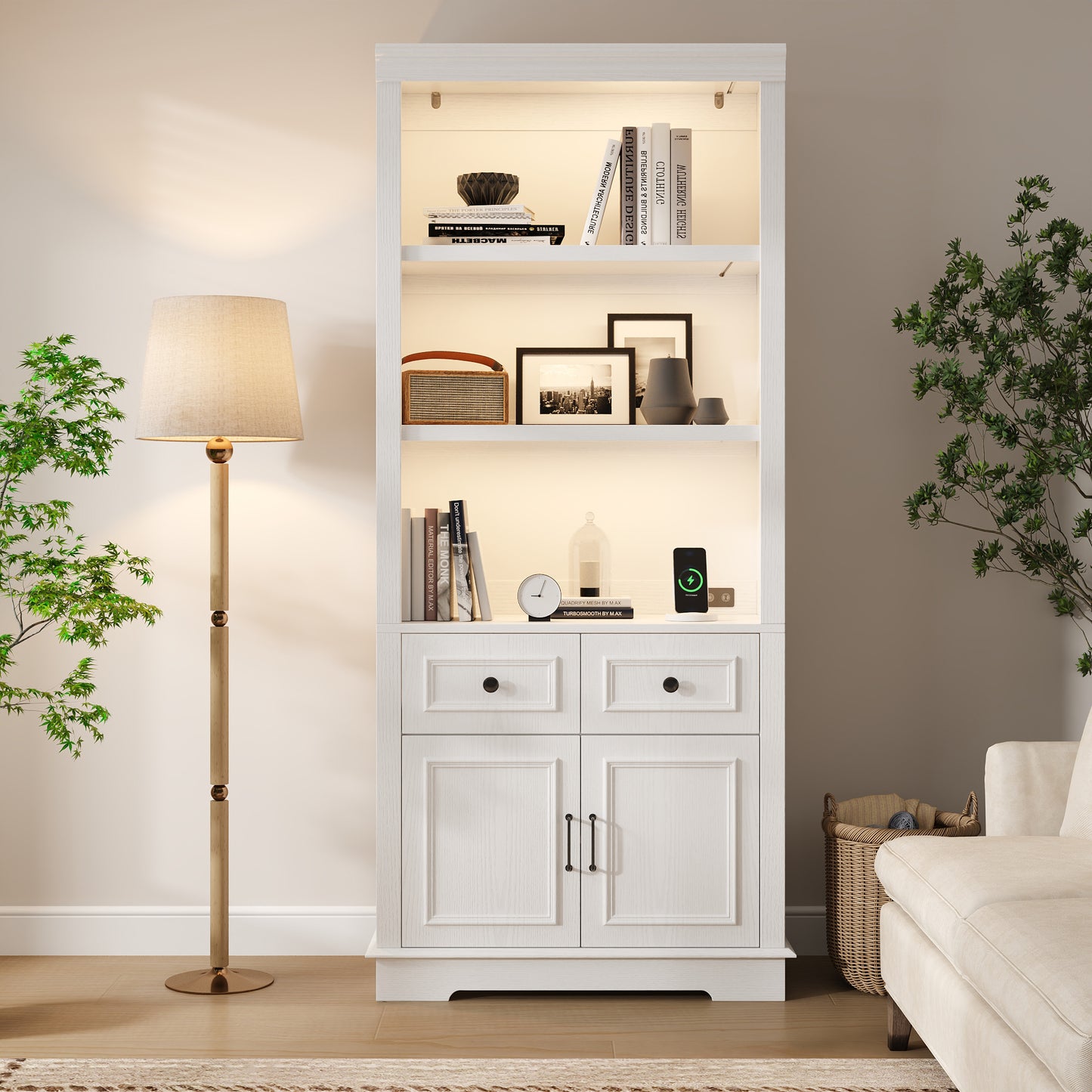 Negylim 71” Tall Lighted Coffee Bar Cabinet, Farmhouse White Pantry Storage Hutch with Built-in LED Strip Lights, 3 Open Display Shelves, 2 Pull-Out Drawers & Closed Storage Cupboard