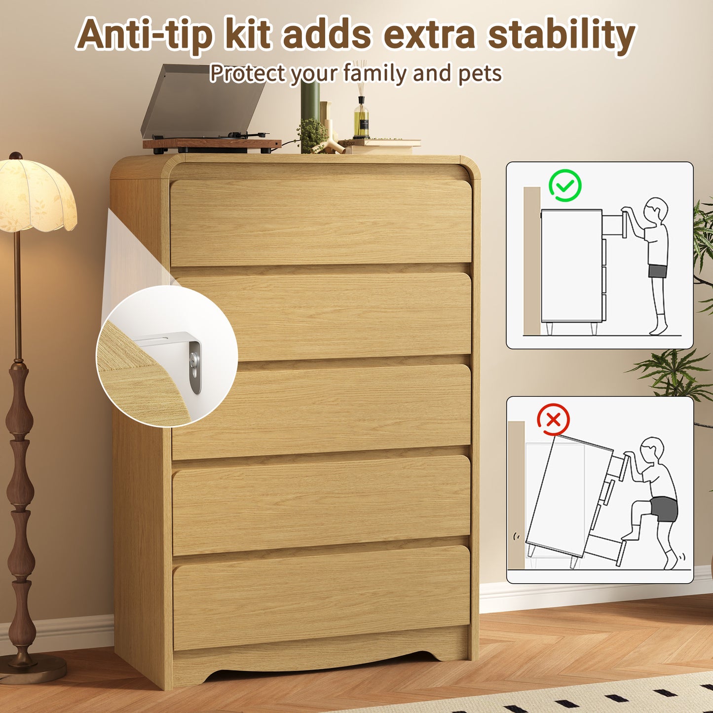 5 Drawer Tall Dresser – Modern White Chest of Drawers with Anti-Tip, Space-Saving Storage for Bedroom, Hallway, Entryway (Natural)