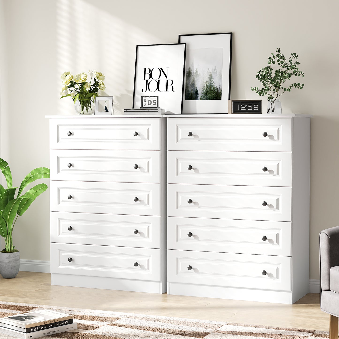 NEGYLIM 5 Drawer Dresser Tall, Modern White Chest of Drawers with Anti-Tip, Large Storage for Bedroom, Hallway, Entryway, (White)
