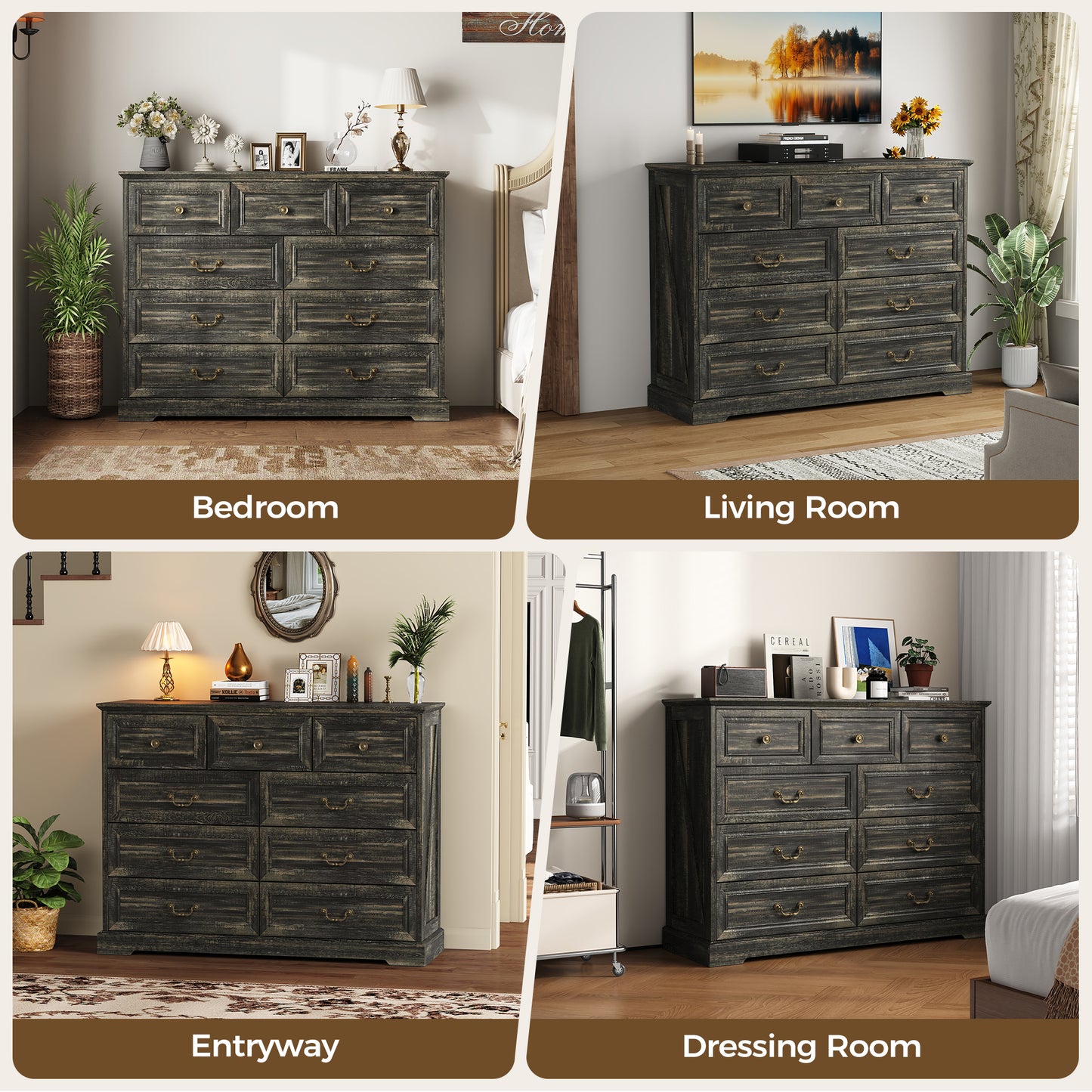 NEGYLIM 9 Drawers Dresser for Bedroom Dressers & Chest of Drawers with Vintage Handles,Long Wooden Dresser for Living Room,Hallway,Study(Dark Rustic Oak)