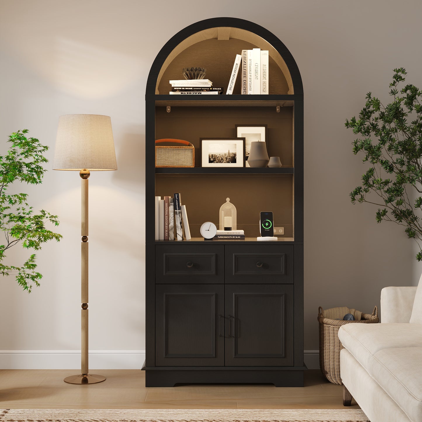 Negylim Arched Top Coffee Bar Cabinet with LED Lights, Wooden Freestanding Beverage Storage Hutch with Open Shelves, 2 Drawers & Closed Cupboard for Kitchen Living Room Home Coffee Station, Black