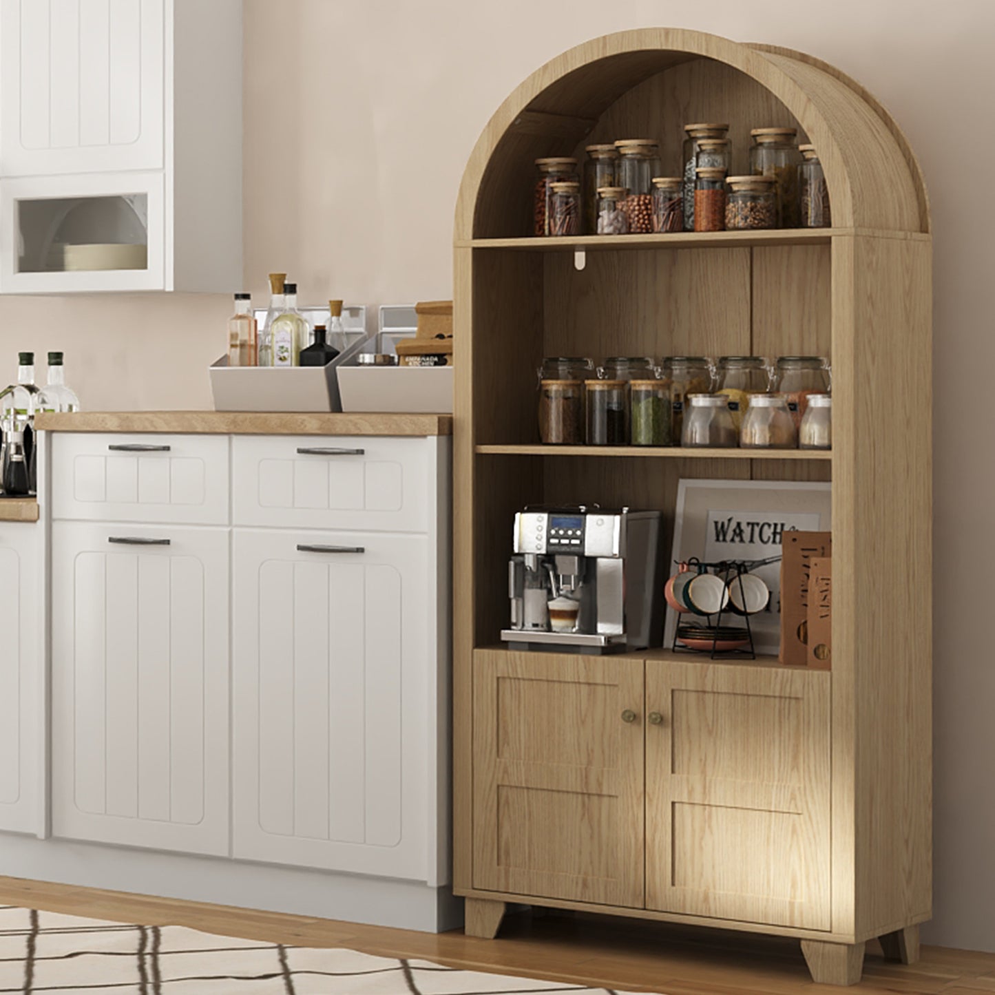 70'' Tall Arched Cabinet, Arched Kitchen Pantry Cabinet with 2 Doors and 5shelves, Open Storage Cabinets Display Bookcase, Versatile Cupboard for Living Room(Wood color)