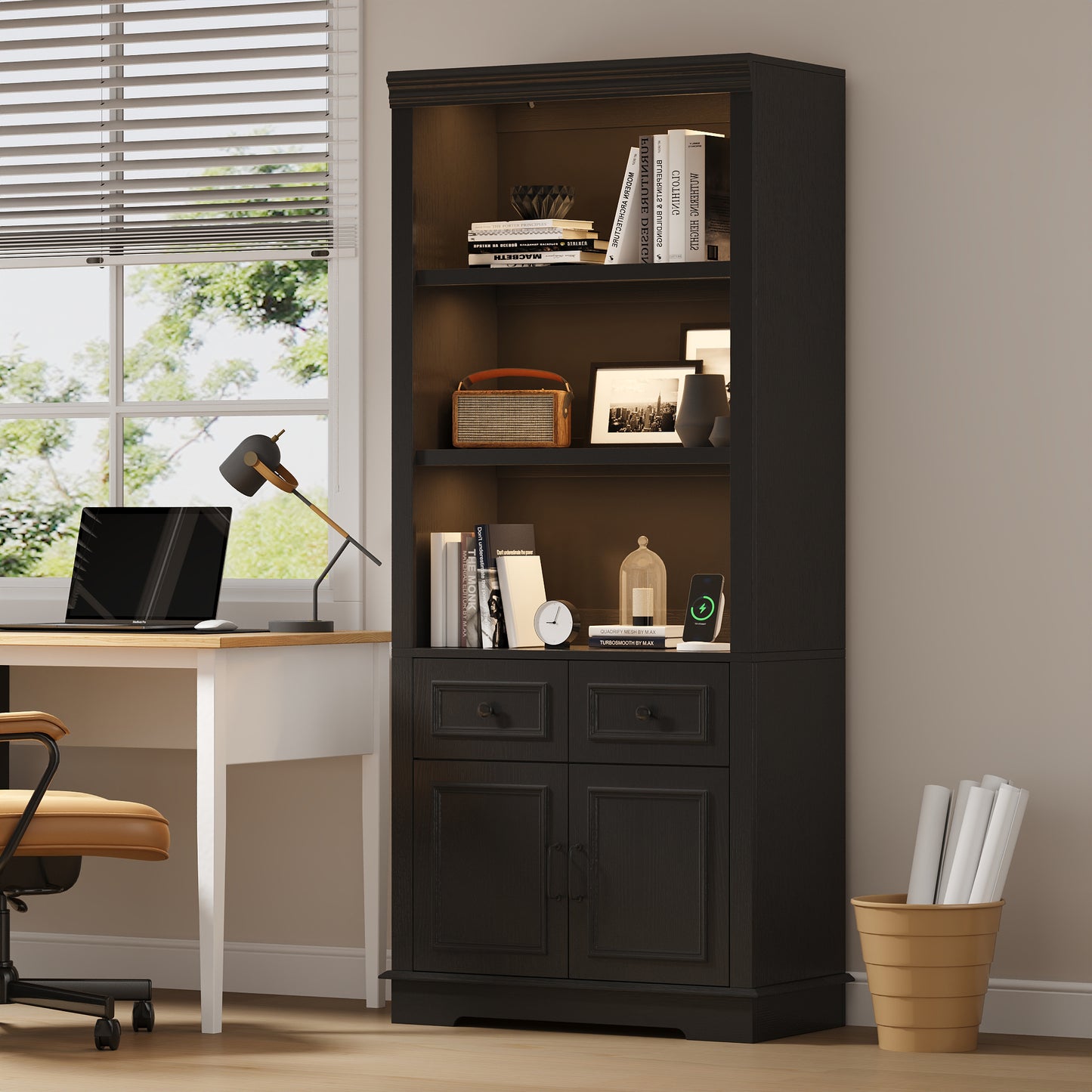 Negylim 71” Tall Lighted Coffee Bar Cabinet, Farmhouse Pantry Storage Hutch with Built-in LED Strip Lights, 3 Open Display Shelves, 2 Pull-Out Drawers & Closed Storage Cupboard, Black