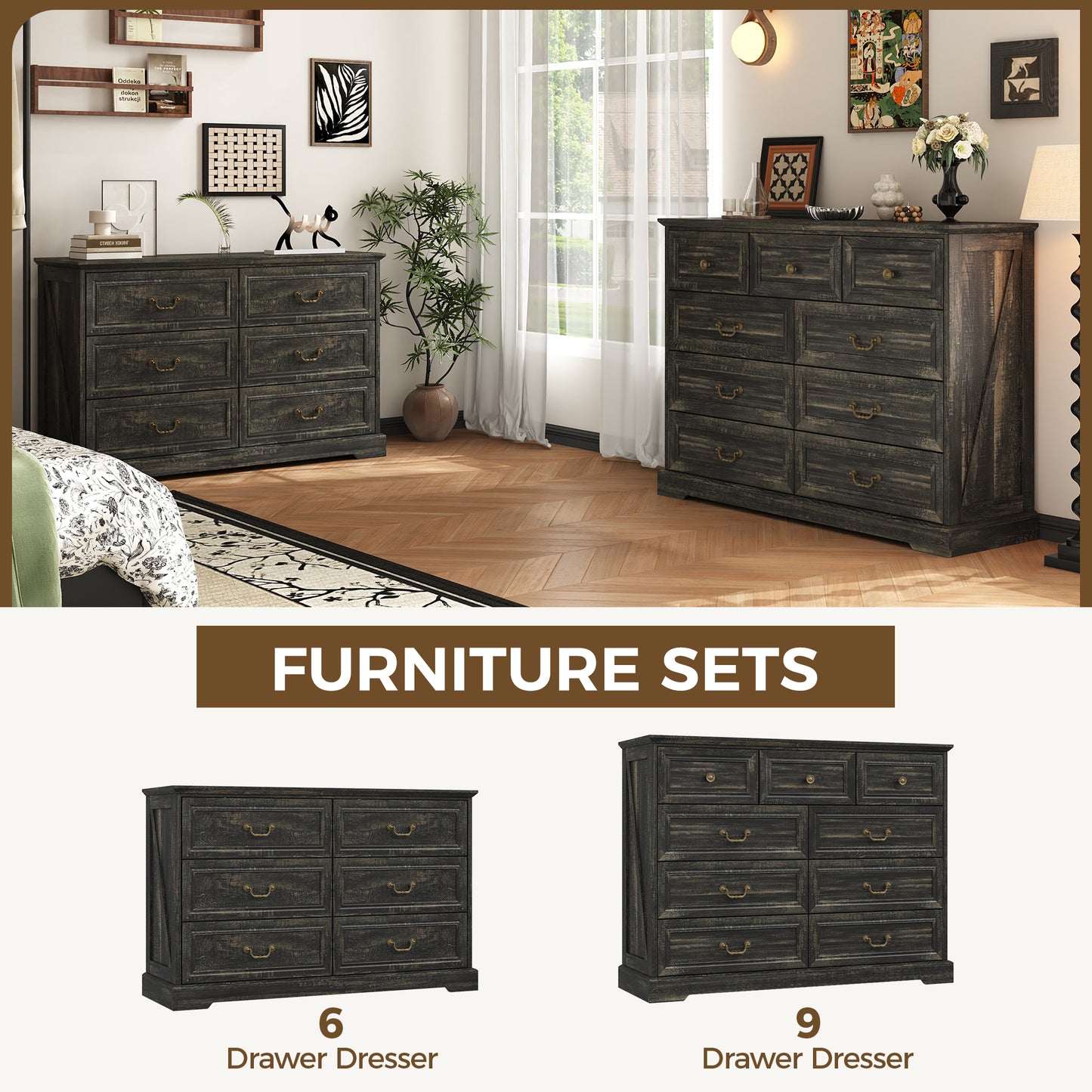 NEGYLIM 9 Drawers Dresser for Bedroom Dressers & Chest of Drawers with Vintage Handles,Long Wooden Dresser for Living Room,Hallway,Study(Dark Rustic Oak)