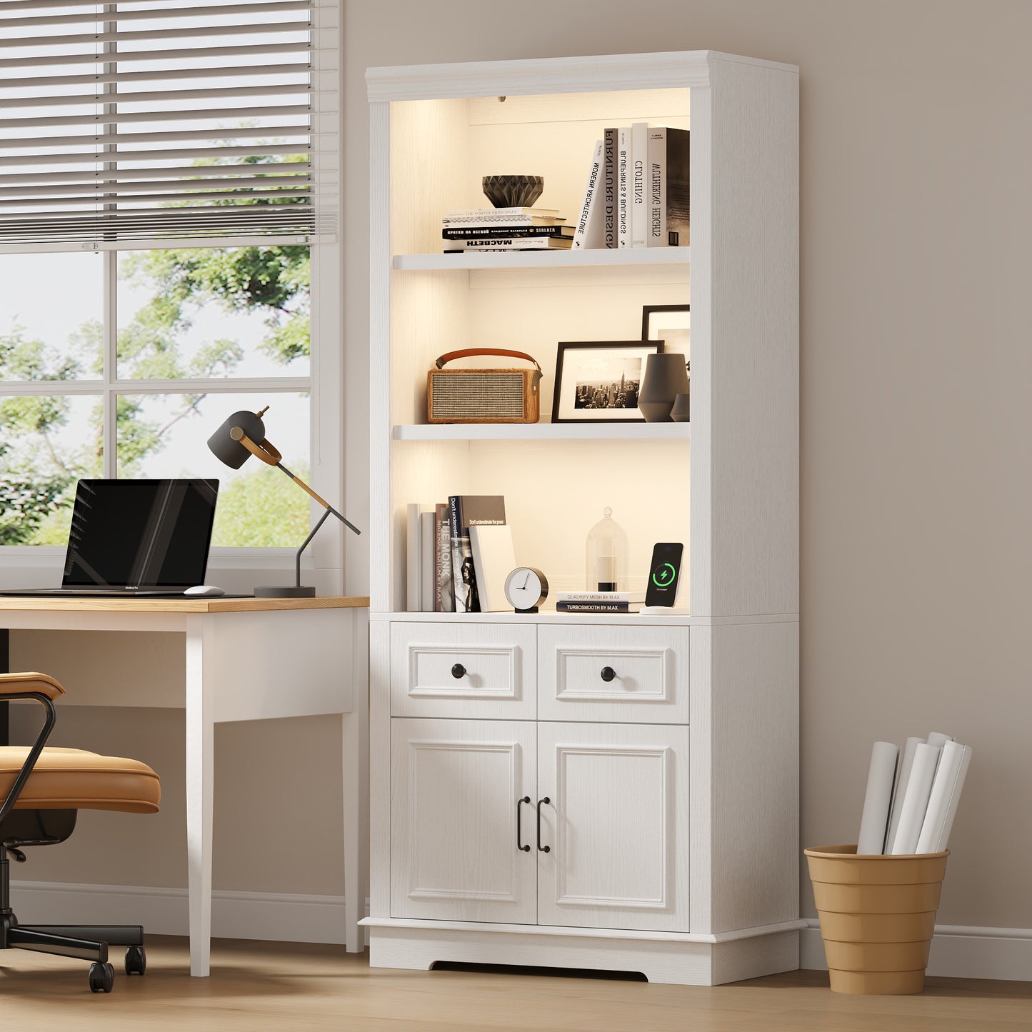 Negylim 71” Tall Lighted Coffee Bar Cabinet, Farmhouse White Pantry Storage Hutch with Built-in LED Strip Lights, 3 Open Display Shelves, 2 Pull-Out Drawers & Closed Storage Cupboard