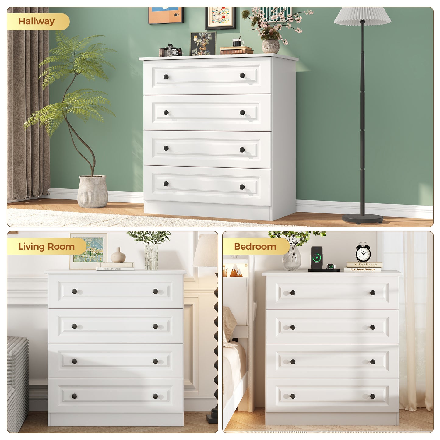4-Drawer Dresser, 34.6” Tall White Dresser for Bedroom Storage, Hallway Chest with Large Drawers, 29.5” Wide Space Saving Furniture