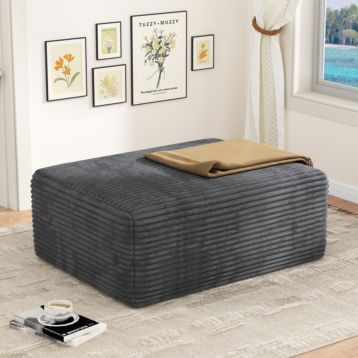 Oversized Sofa Ottoman Footrest, Matching Cushion for L-Shaped Sofa to Create U-Shaped Sectional , Large Seat Stool, High Resilience Foam & Corduroy Fabric, for Living Room Bedroom, (Charcoal)