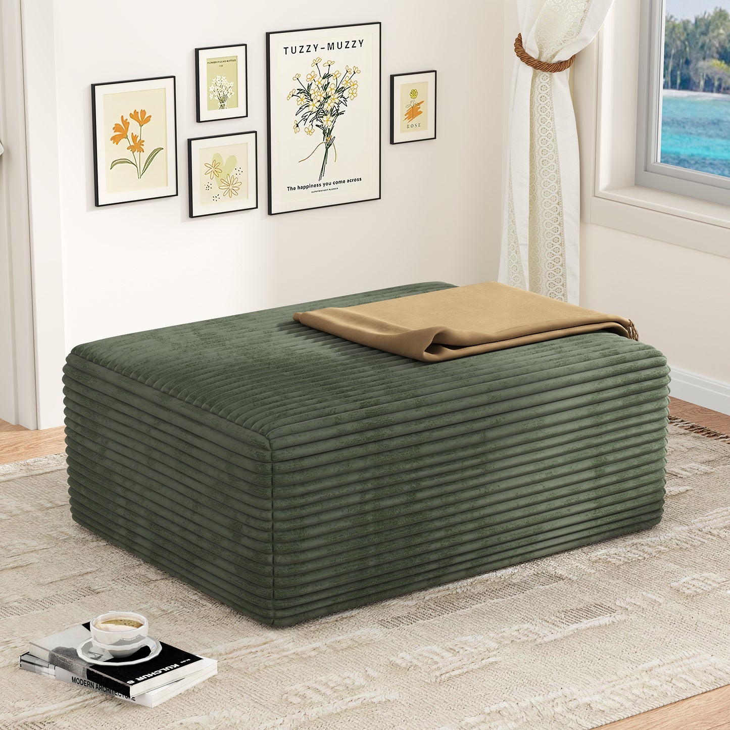 Oversized Sofa Ottoman Footrest, Matching Cushion for L-Shaped Sofa to Create U-Shaped Sectional , Large Seat Stool, High Resilience Foam & Corduroy Fabric, for Living Room Bedroom, (Sage Green)