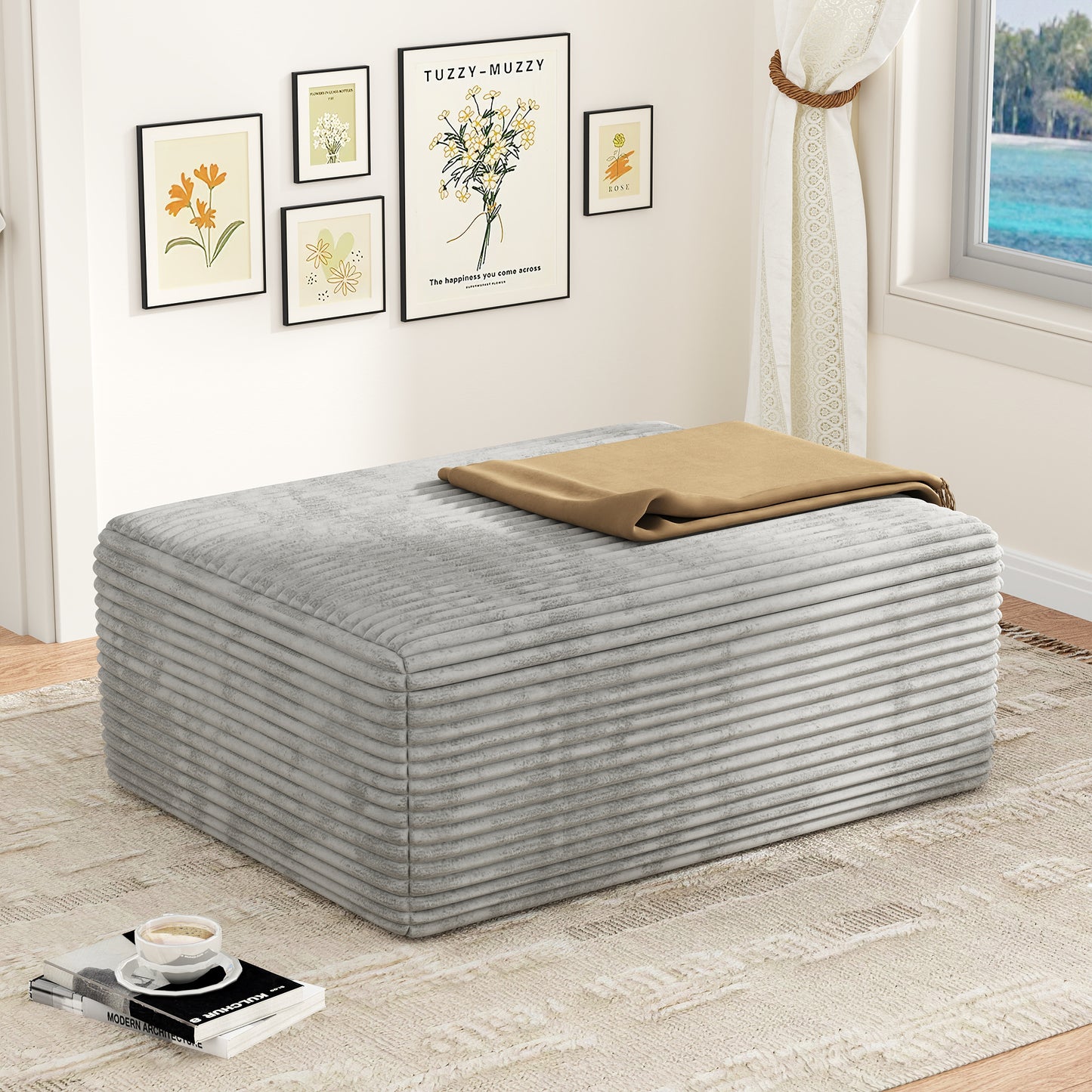 Oversized Sofa Ottoman Footrest, Matching Cushion for L-Shaped Sofa to Create U-Shaped Sectional , Large Seat Stool, High Resilience Foam & Corduroy Fabric, for Living Room Bedroom, (Oyster White)