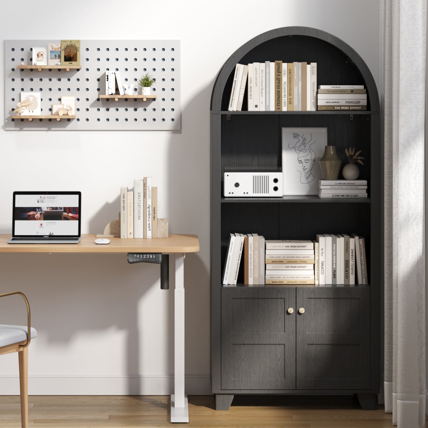 70'' Tall Arched Cabinet, Arched Kitchen Pantry Cabinet with 2 Doors and 5shelves, Open Storage Cabinets Display Bookcase, Versatile Cupboard for Living Room(Black)