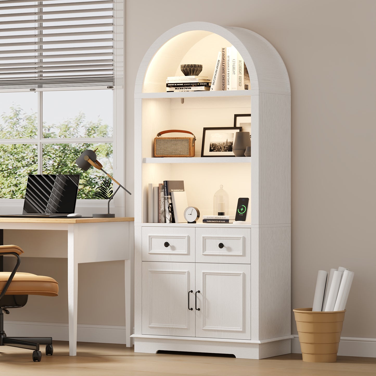 Negylim White Arched Display Coffee Station Cabinet with LED Lights, Freestanding Wooden Storage Unit with Open Shelving, Drawers & Enclosed Cabinet for Kitchen & Living Room Beverage Organizer