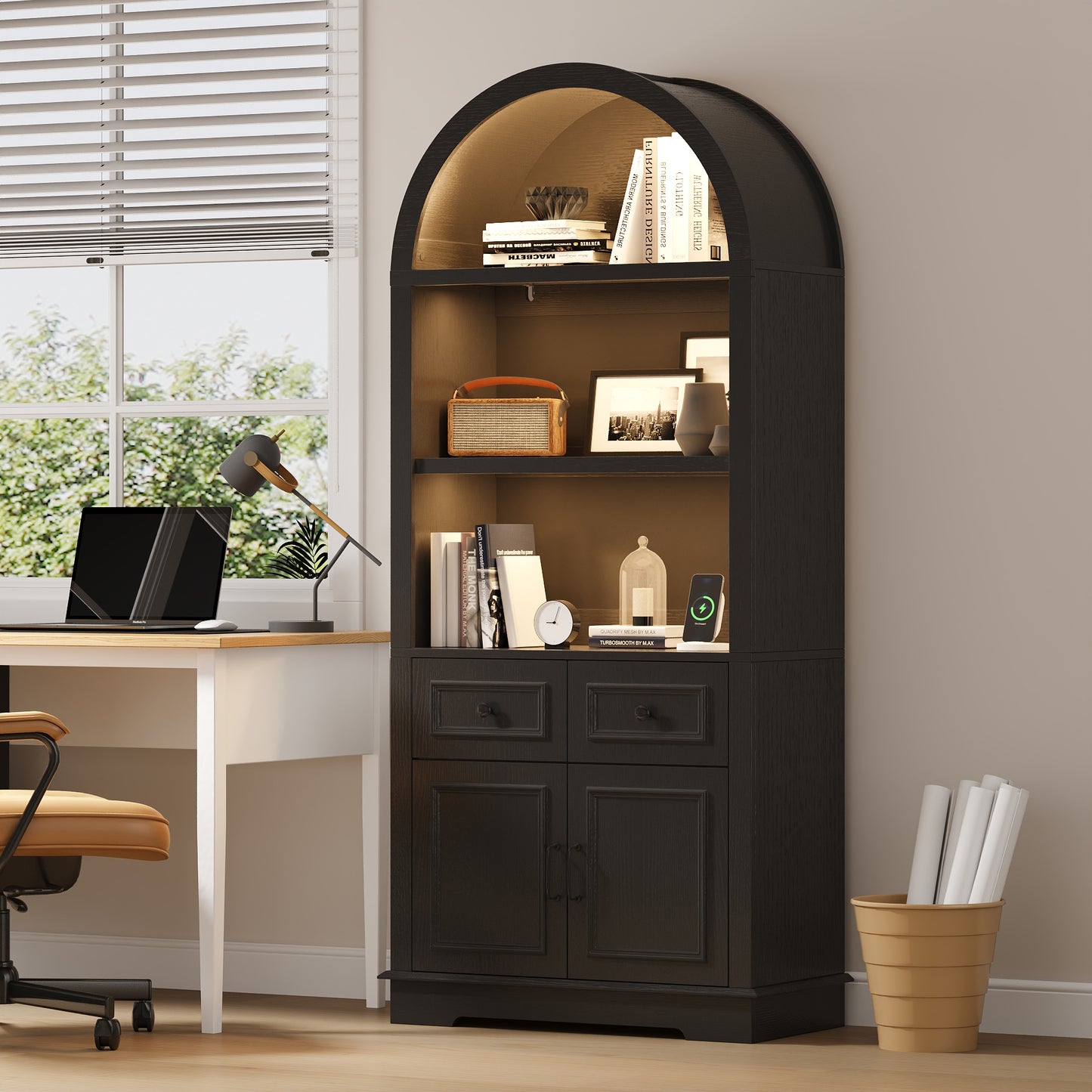 Negylim Arched Top Coffee Bar Cabinet with LED Lights, Wooden Freestanding Beverage Storage Hutch with Open Shelves, 2 Drawers & Closed Cupboard for Kitchen Living Room Home Coffee Station, Black
