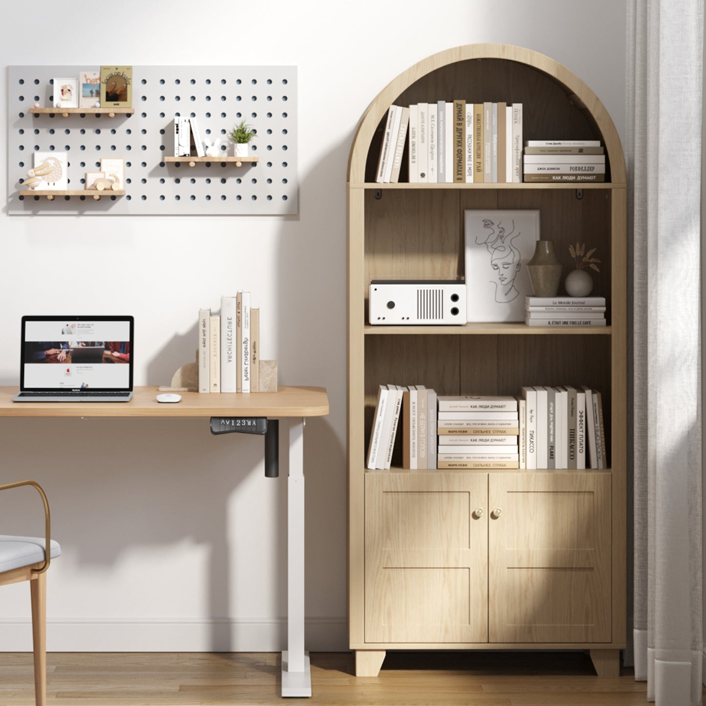 70'' Tall Arched Cabinet, Arched Kitchen Pantry Cabinet with 2 Doors and 5shelves, Open Storage Cabinets Display Bookcase, Versatile Cupboard for Living Room(Wood color)