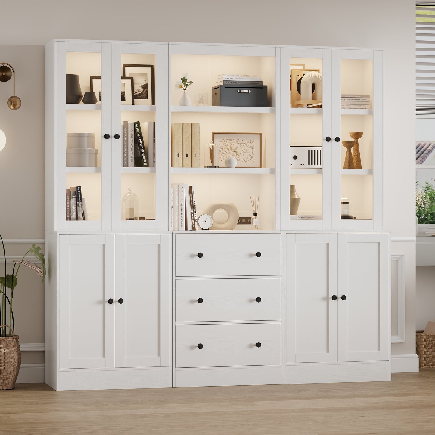 3Pcs 71" Bookshelf with Storage, Modern Bookshelves with 3 Large Drawer, Display Bookcase with Glass Doors, Modern DIY Mix Cabinet for Home Office, Dining Room (White, BAB)