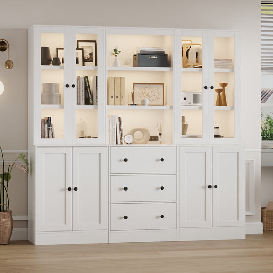 3Pcs 71" Bookshelf with Storage, Modern Bookshelves with 3 Large Drawer, Display Bookcase with Glass Doors, Modern DIY Mix Cabinet for Home Office, Dining Room (White, BAB)