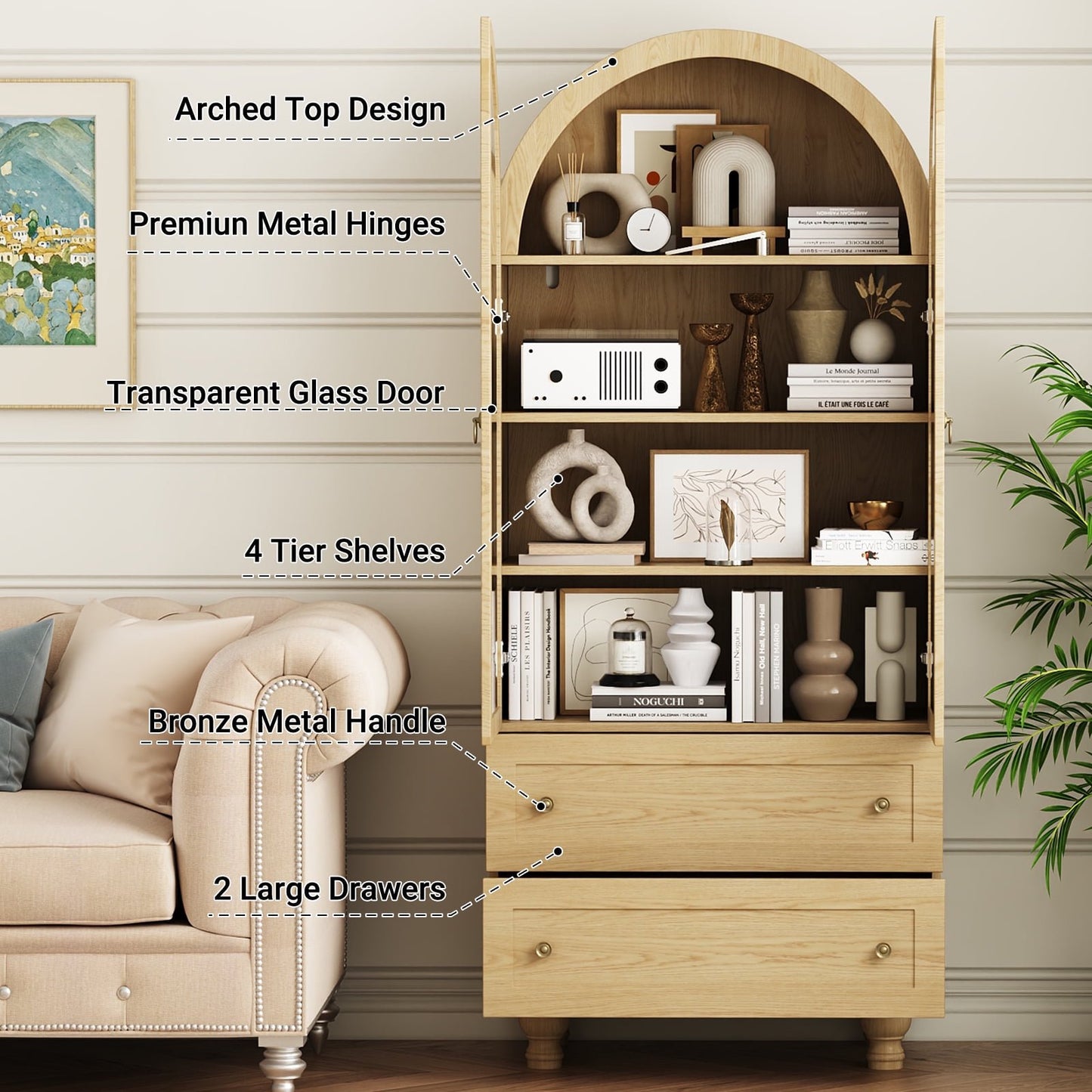 71'' Arched Kitchen Pantry Cabinet & Display Cabinet with Glass Doors, 4 Shelves, 2 Drawers, Solid Wood Legs, Suitable for Kitchen, Bedroom and Living Room, for Easy Storage