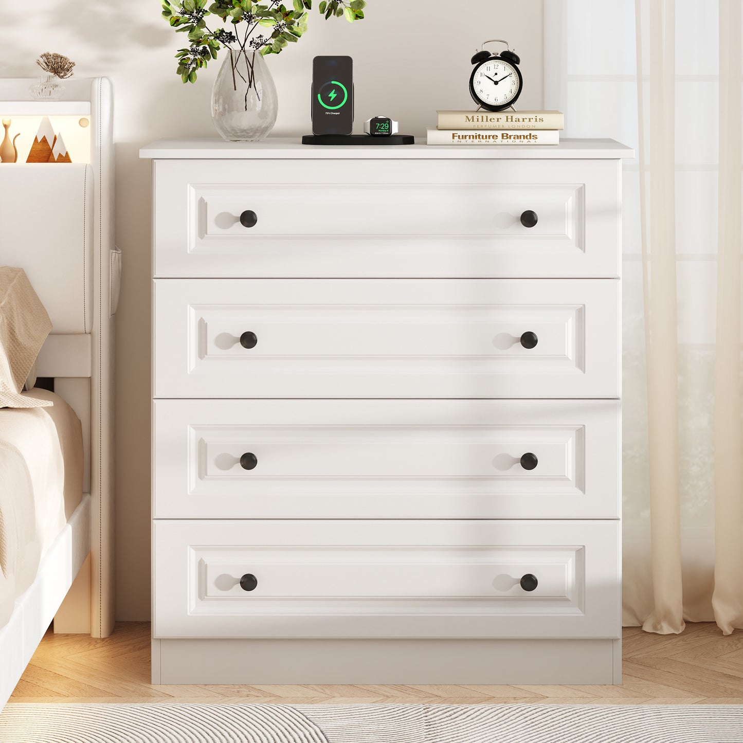 4-Drawer Dresser, 34.6” Tall White Dresser for Bedroom Storage, Hallway Chest with Large Drawers, 29.5” Wide Space Saving Furniture