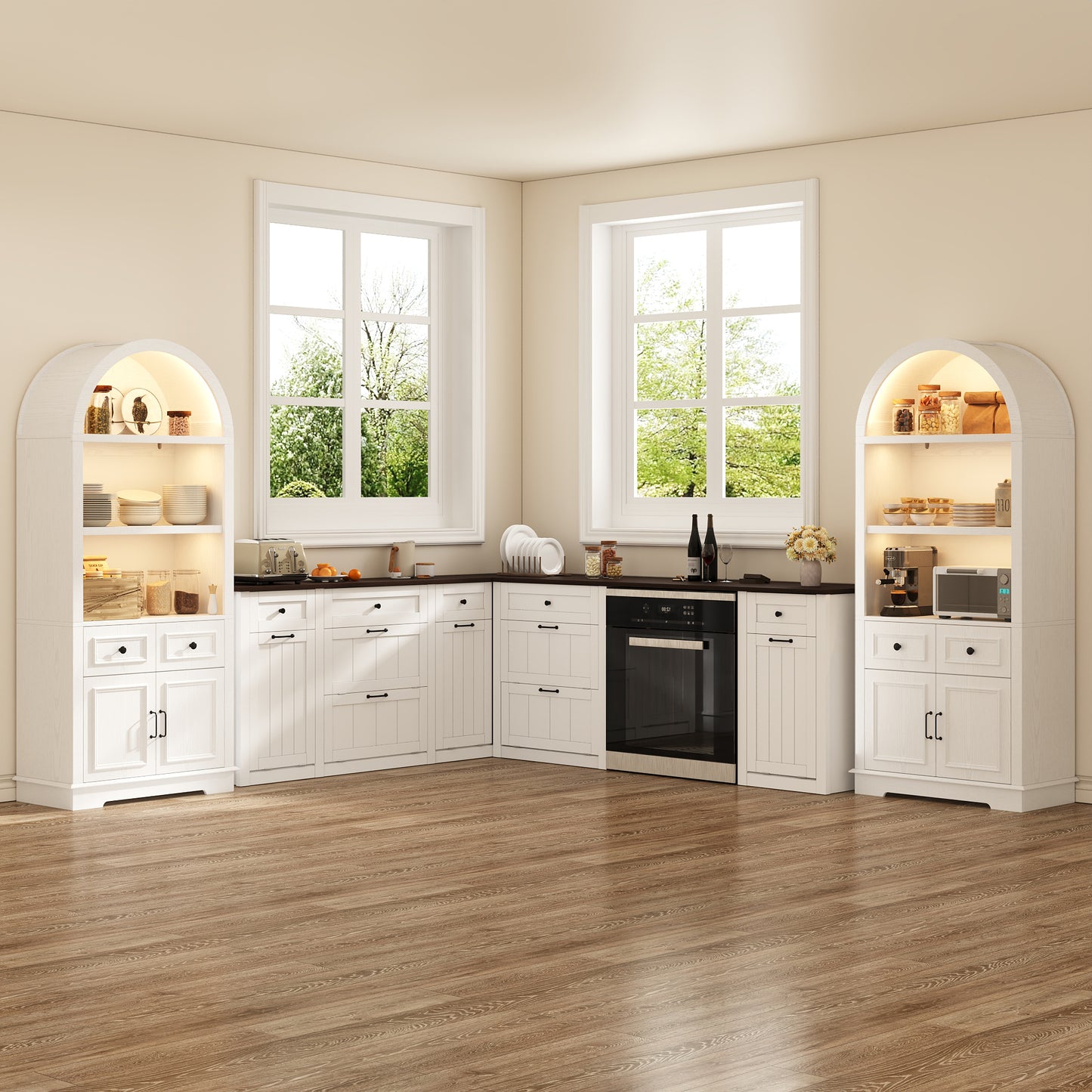 Negylim White Arched Display Coffee Station Cabinet with LED Lights, Freestanding Wooden Storage Unit with Open Shelving, Drawers & Enclosed Cabinet for Kitchen & Living Room Beverage Organizer