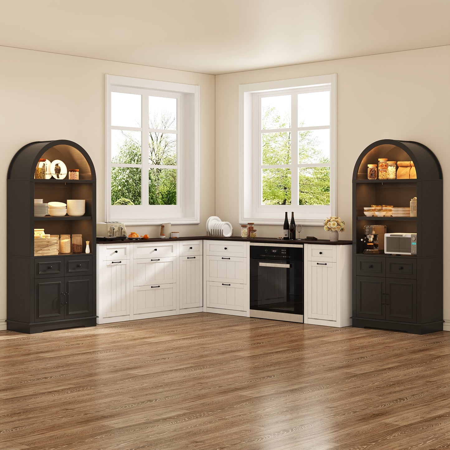Negylim Arched Top Coffee Bar Cabinet with LED Lights, Wooden Freestanding Beverage Storage Hutch with Open Shelves, 2 Drawers & Closed Cupboard for Kitchen Living Room Home Coffee Station, Black