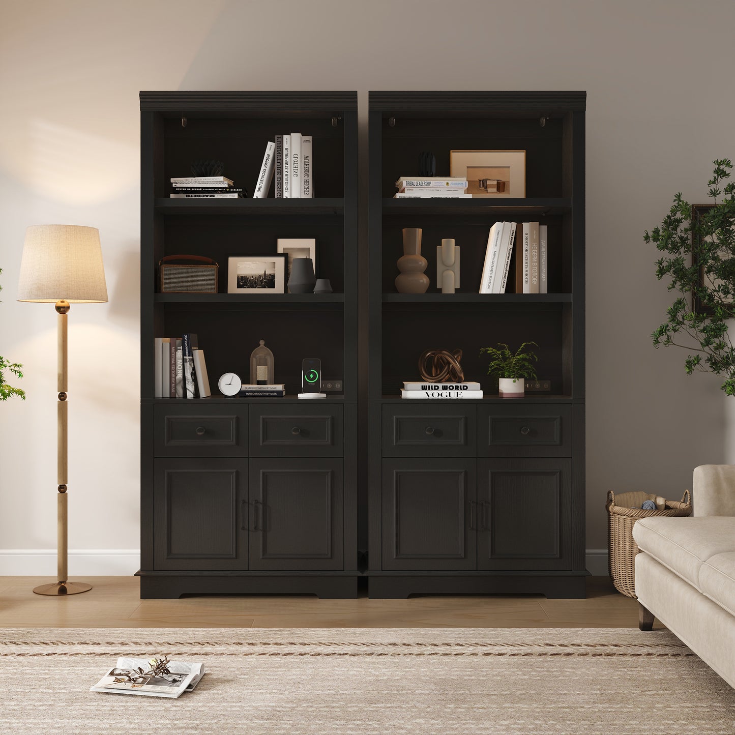 Negylim 71” Tall Lighted Coffee Bar Cabinet, Farmhouse Pantry Storage Hutch with Built-in LED Strip Lights, 3 Open Display Shelves, 2 Pull-Out Drawers & Closed Storage Cupboard, Black
