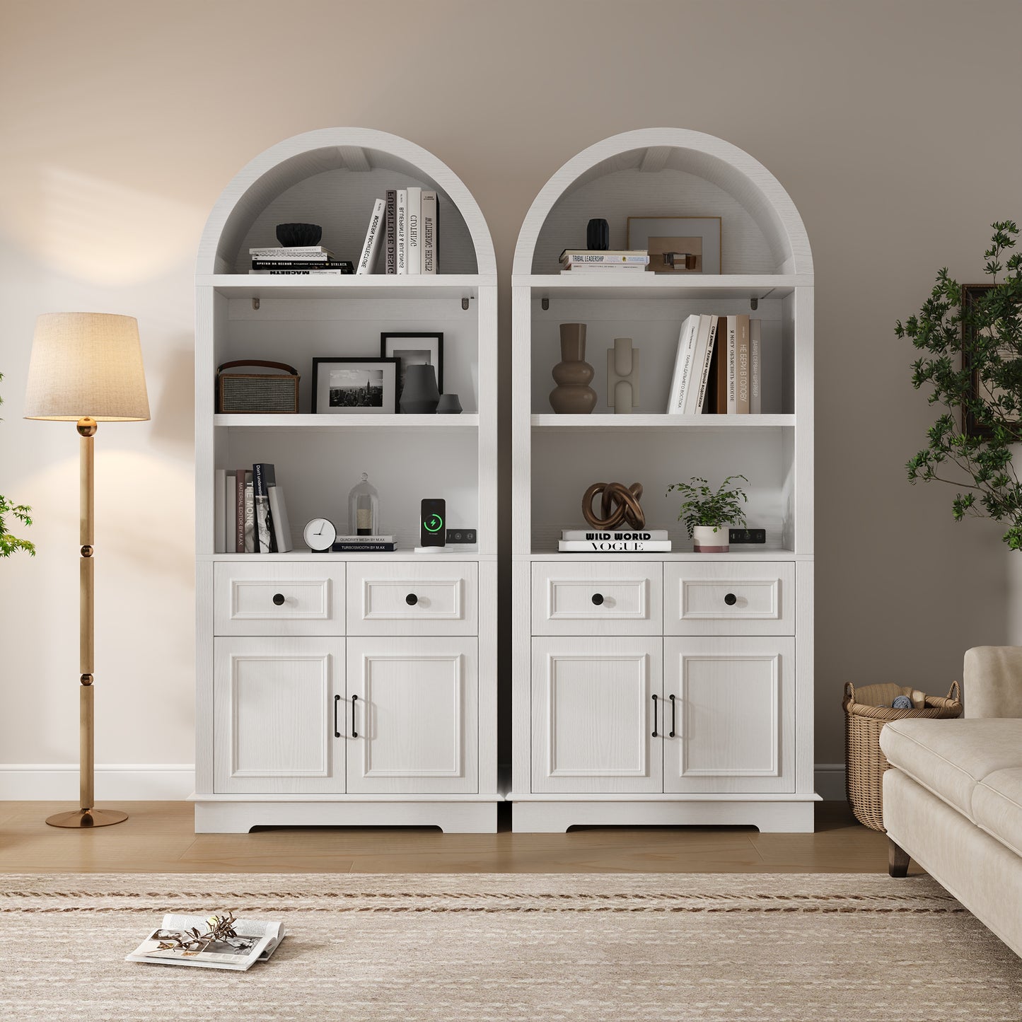 Negylim White Arched Display Coffee Station Cabinet with LED Lights, Freestanding Wooden Storage Unit with Open Shelving, Drawers & Enclosed Cabinet for Kitchen & Living Room Beverage Organizer