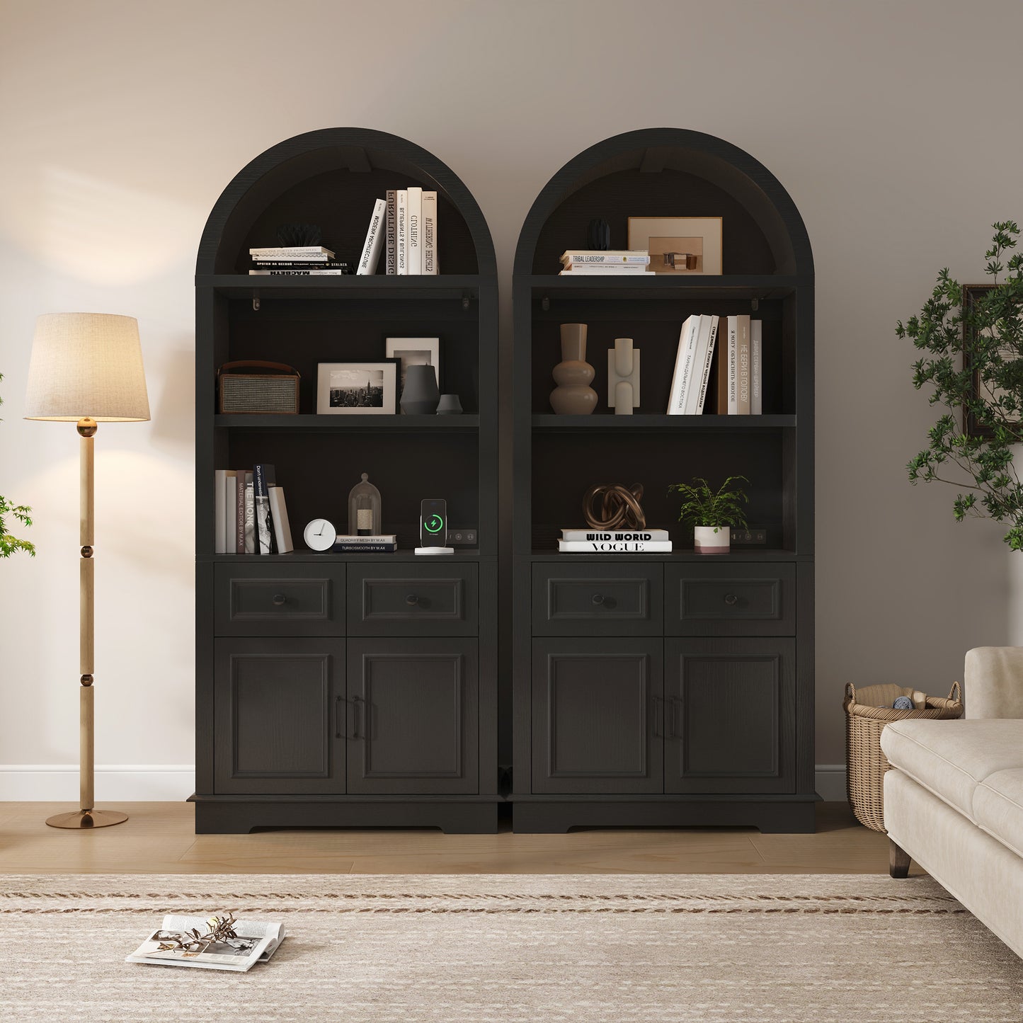 Negylim Arched Top Coffee Bar Cabinet with LED Lights, Wooden Freestanding Beverage Storage Hutch with Open Shelves, 2 Drawers & Closed Cupboard for Kitchen Living Room Home Coffee Station, Black